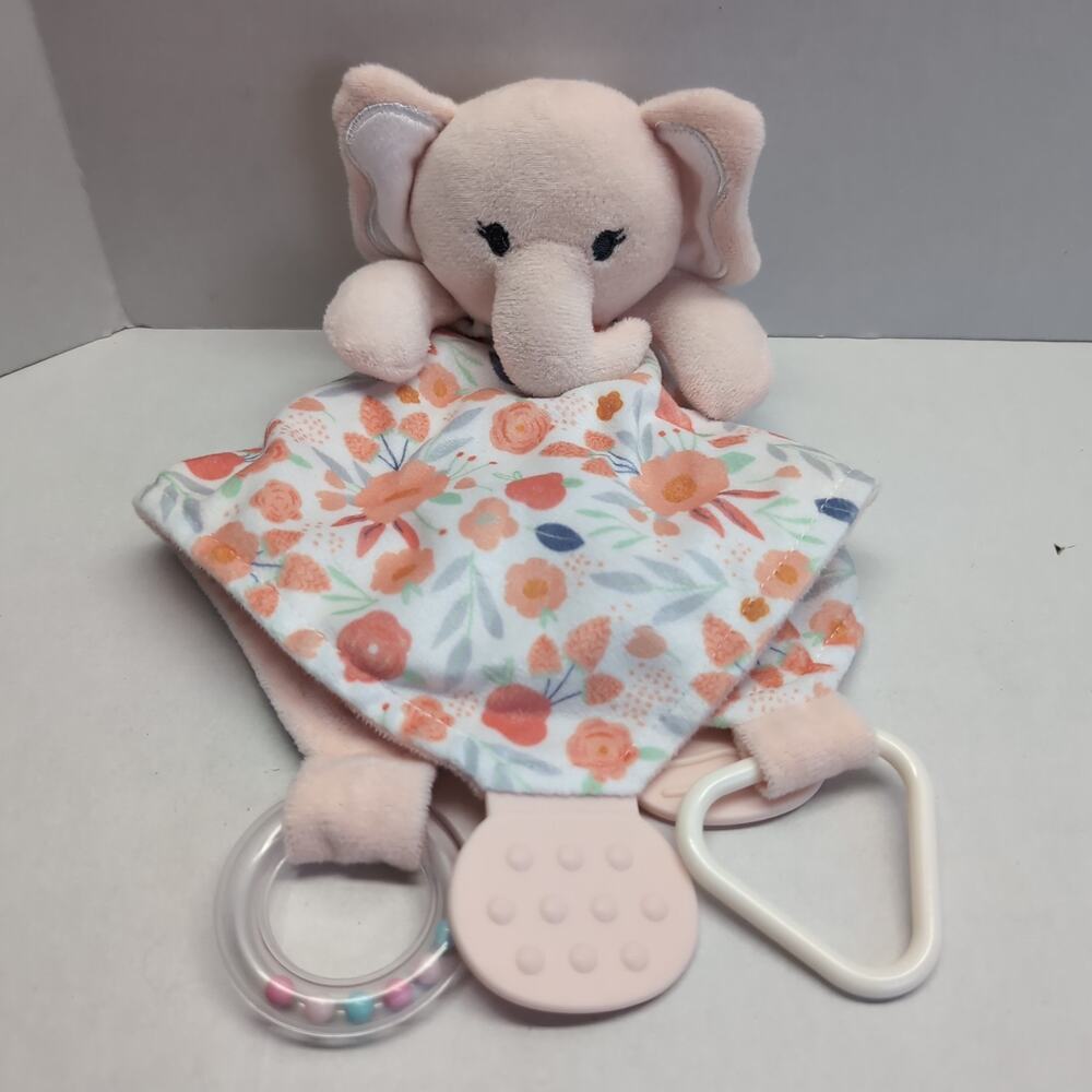 Modern Baby Elephant Lovey Plush w/Teether & Rattle Snuggle Blankie Pink Floral - Picture 2 of 13